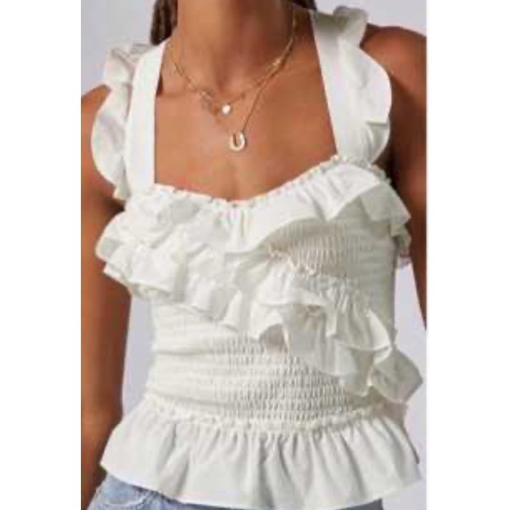 Maeve by Anthropologie Ivory Smocked Ruffle Tank Top Ivory Size L NWT